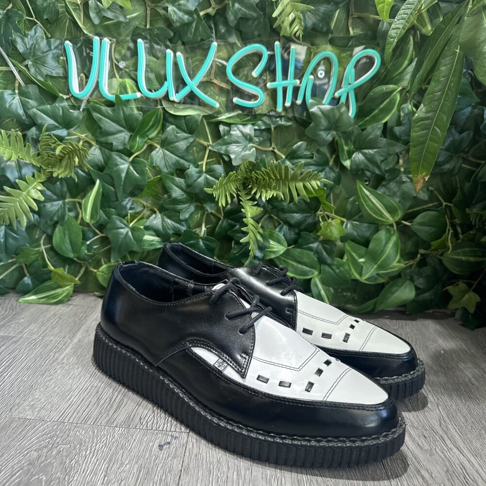 T.U.K. Two-Tone Pointed Creeper Men's 11 Black White Leather Lace Platform Shoes